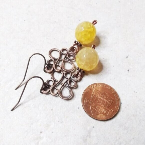 Chunky Yellow DragonVein Agate & Copper Filigree Earrings! Big + Bold + Spicy! - Picture 5 of 7